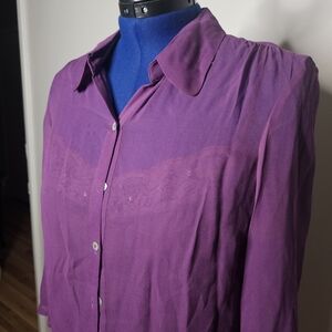 Parisian Signature 2pc Purple Silk Buttondown Top With Embellished Chemise